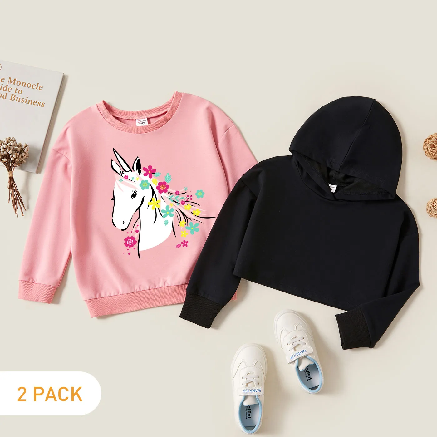 

2-Pack Kid Girl Graphic Unicorn and Floral Print Long-sleeve Pullover & Hooded Pullover Set