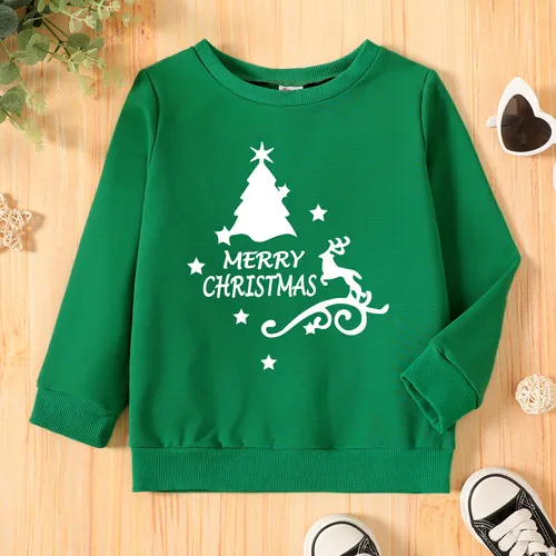 Christmas Toddler Graphic Letter and Christmas Tree and Elk Print Long-sleeve Pullover