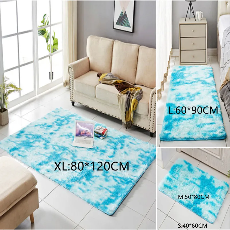 Rainbow Colors Long Hair Tie Dyeing Carpet Bay Window Bedside Mat Soft Area Rugs Shaggy Blanket Gradient Color Living Room Rug Sky blue