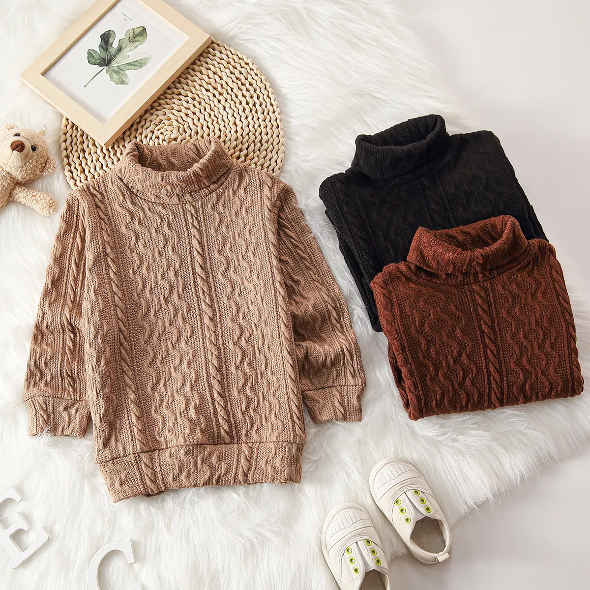 Toddler Boy Turtleneck Cable Knit Textured Sweater Apricot big image 1