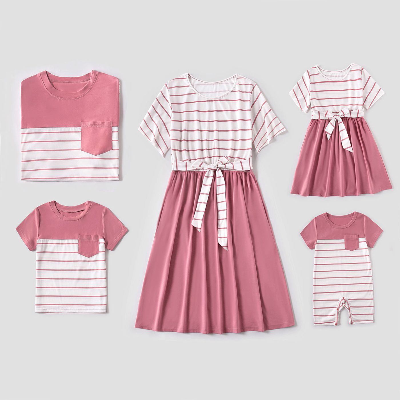 

Red and White Striped Short-sleeve Family Matching Sets(Belted Splicing Dresses and T-shirts)
