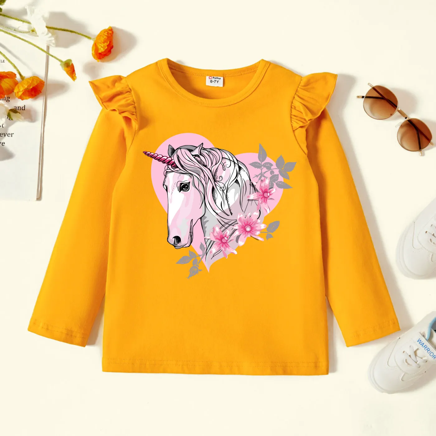 

Kids Girl Graphic Unicorn & Floral Print Long-sleeve Ruffled Tee