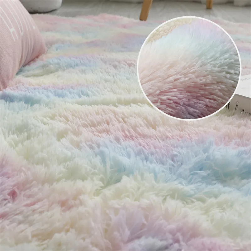 Rainbow Colors Long Hair Tie Dyeing Carpet Bay Window Bedside Mat Soft Area Rugs Shaggy Blanket Gradient Color Living Room Rug big image 4