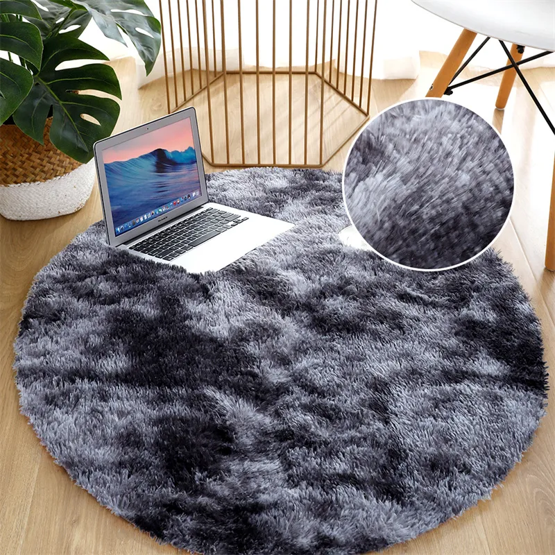 Nordic Tie-dye Gradient Round Carpet Chair Long Hair Bedroom Rug Home Living Room Bedside Mat Computer Entrance Hall Non-slip Dark Grey image 2