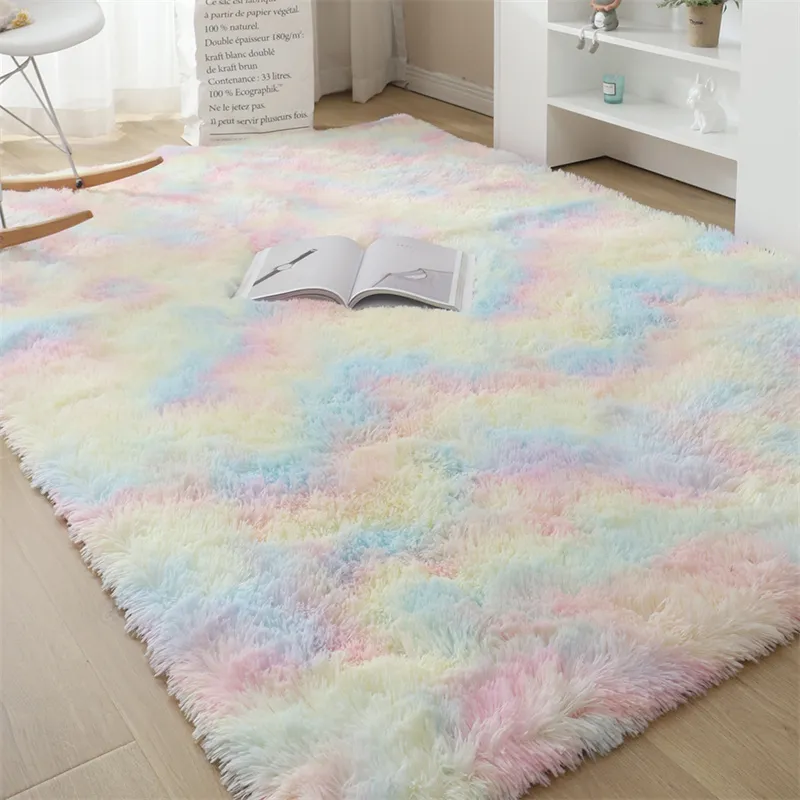 Rainbow Colors Long Hair Tie Dyeing Carpet Bay Window Bedside Mat Soft Area Rugs Shaggy Blanket Gradient Color Living Room Rug  big image 8