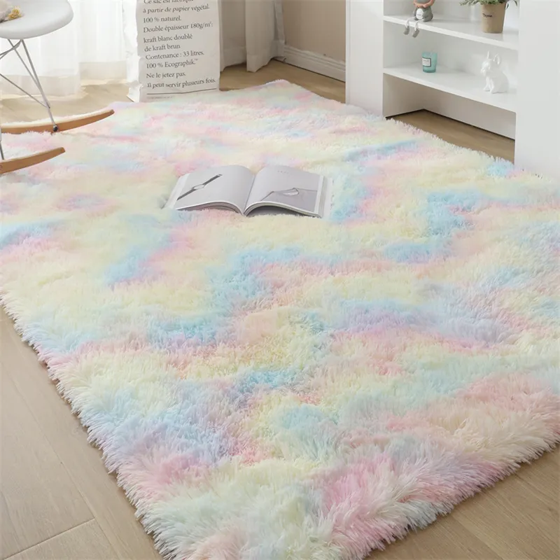 Rainbow Colors Long Hair Tie Dyeing Carpet Bay Window Bedside Mat Soft Area Rugs Shaggy Blanket Gradient Color Living Room Rug big image 8