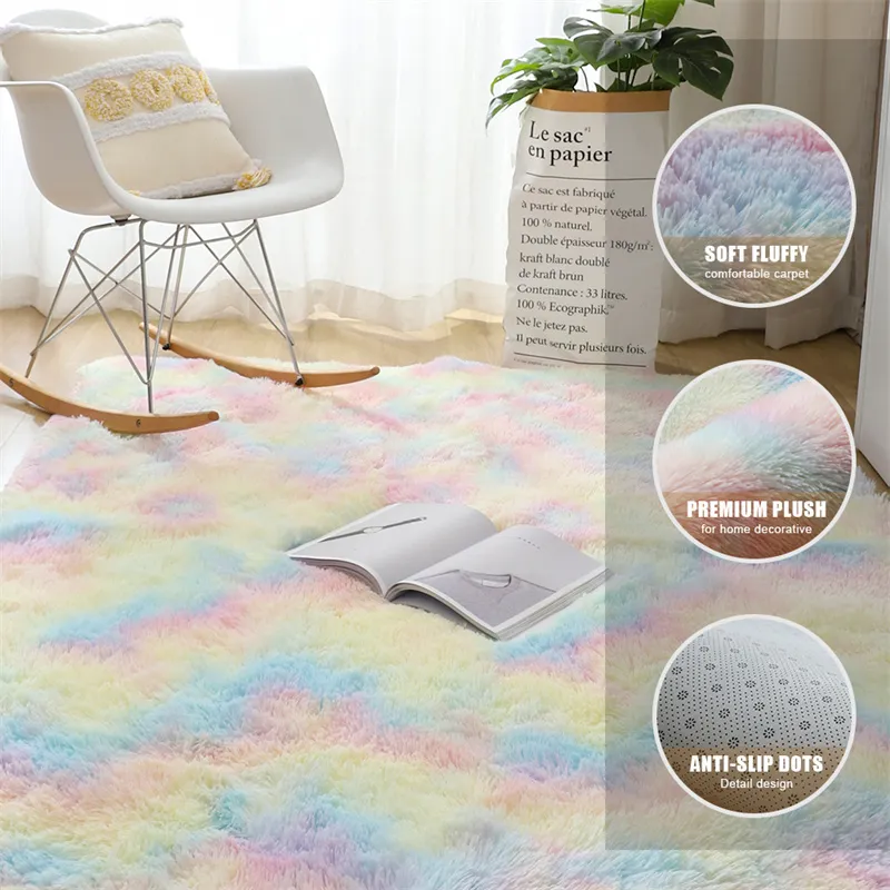 Rainbow Colors Long Hair Tie Dyeing Carpet Bay Window Bedside Mat Soft Area Rugs Shaggy Blanket Gradient Color Living Room Rug big image 9