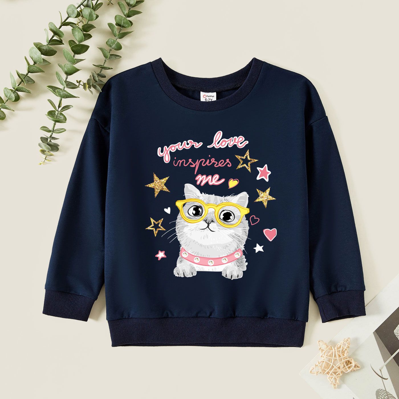 

Kid Girl Graphic Cat and Stars and Letter Print Long-sleeve Pullover