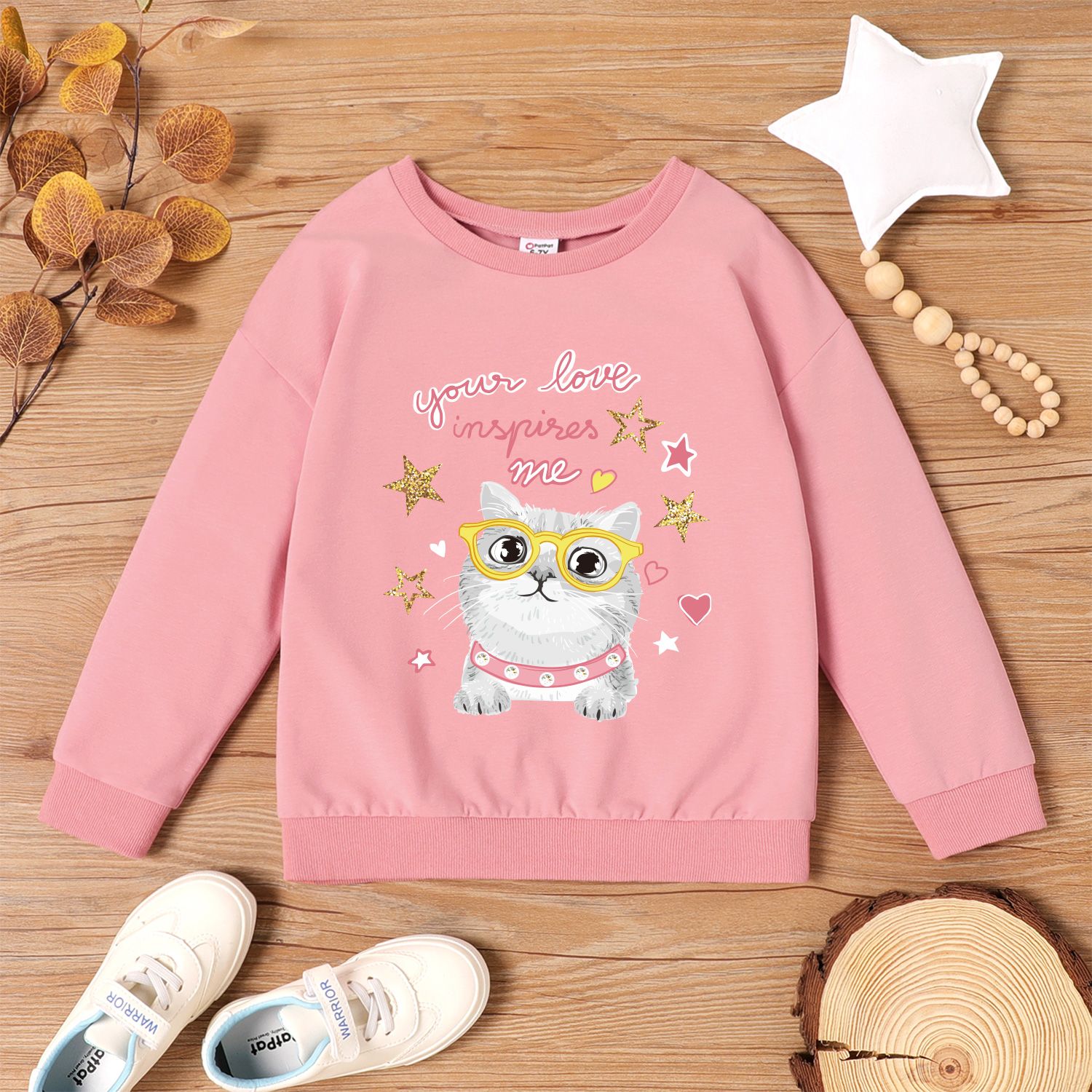 

Kid Girl Graphic Cat and Stars and Letter Print Long-sleeve Pullover