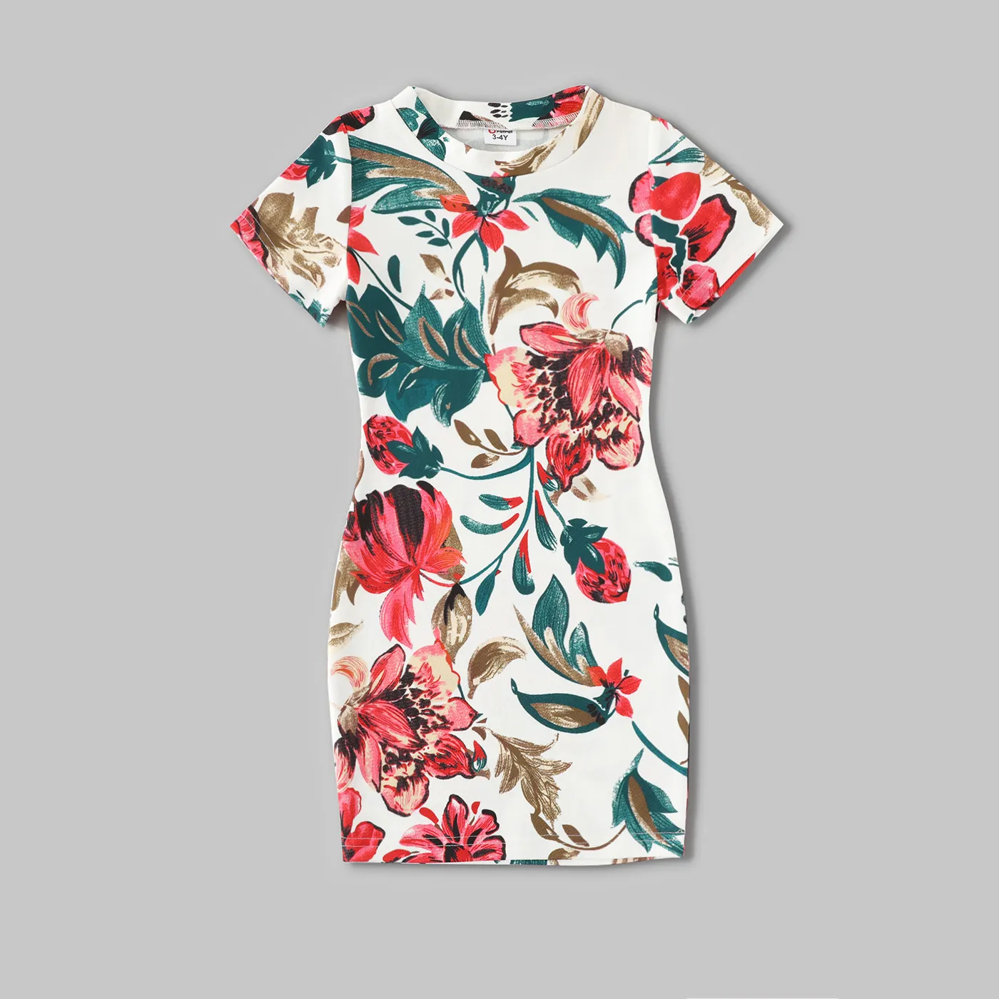 Family Matching All Over Floral Print Short-sleeve Bodycon Dresses And Colorblock T-shirts Sets