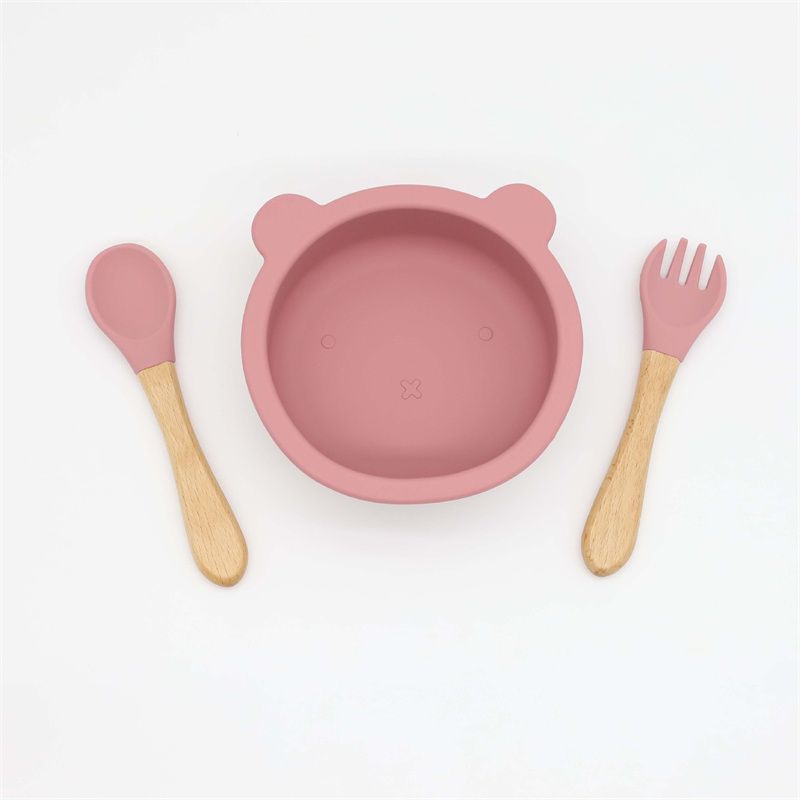 3-pack Baby Cute Cartoon Bear Silicone Suction Bowl and Fork Spoon with Wooden Handle Baby Toddler T