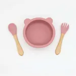 3-pack Baby Cute Cartoon Bear Silicone Suction Bowl and Fork Spoon with Wooden Handle Baby Toddler Tableware Dishes Self-Feeding Utensils Set for Self-Training Dark Pink
