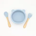 3-pack Baby Cute Cartoon Bear Silicone Suction Bowl and Fork Spoon with Wooden Handle Baby Toddler Tableware Dishes Self-Feeding Utensils Set for Self-Training Light Blue