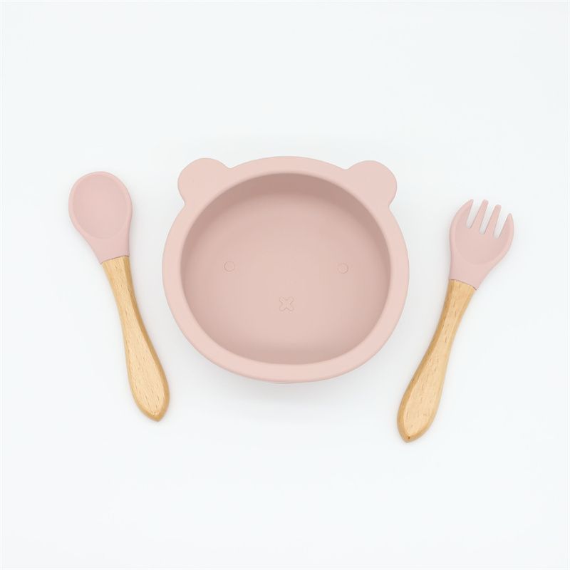 3-pack Baby Cute Cartoon Bear Silicone Suction Bowl And Fork Spoon With Wooden Handle Baby Toddler Tableware Dishes Self-Feeding Utensils Set For Self