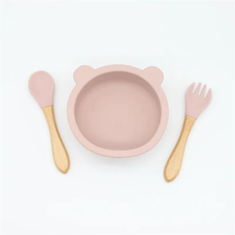 3-pack Baby Cute Cartoon Bear Silicone Suction Bowl and Fork Spoon with Wooden Handle Baby Toddler Tableware Dishes Self-Feeding Utensils Set for Self-Training Light Pink big image 1