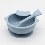 Juego de 2 utensilios de cuchara de cuenco de autoalimentación para bebés de silicona de grado alimenticio con forma de dibujos animados para autoentrenamiento Azul