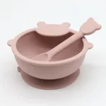 2-pack Cartoon Shape Food Grade Silicone Baby Toddler Self-Feeding Bowl Spoon Utensils Set for Self-Training Light Pink