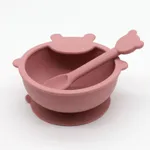 2-pack desenhos animados forma de silicone de grau alimentício bebê criança auto-alimentação tigela de colher utensílios definidos para auto-treinamento Rosa Escuro