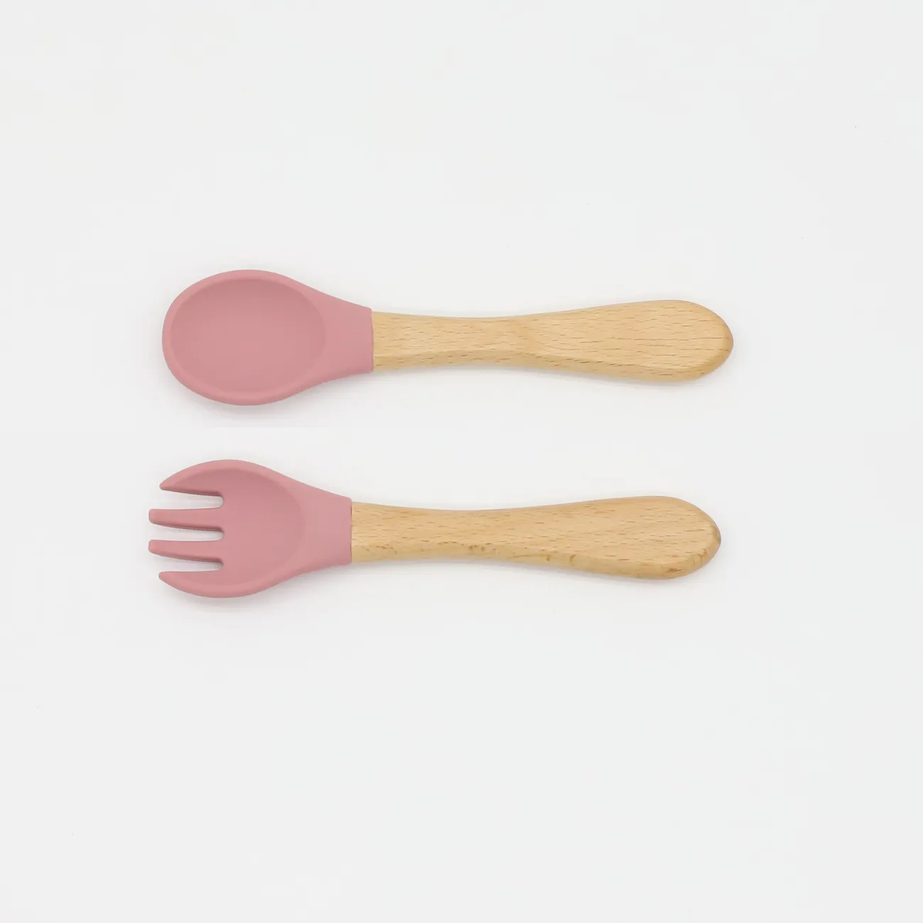 Juego de 2 tenedores y cucharas de silicona para bebés con mango de madera, vajilla para bebés y niños pequeños, juego de utensilios de autoalimentación para autoentrenamiento Rosa oscuro big image 1