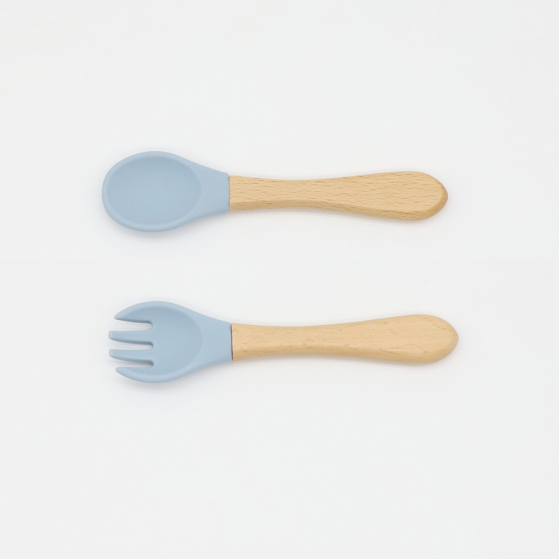 2-pack Baby Silicone Fork and Spoon with Wood Handle Baby Toddler Tableware Dishes Self-Feeding Uten