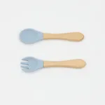 2-pack Baby Silicone Fork and Spoon with Wood Handle Baby Toddler Tableware Dishes Self-Feeding Utensils Set for Self-Training Bluish Grey