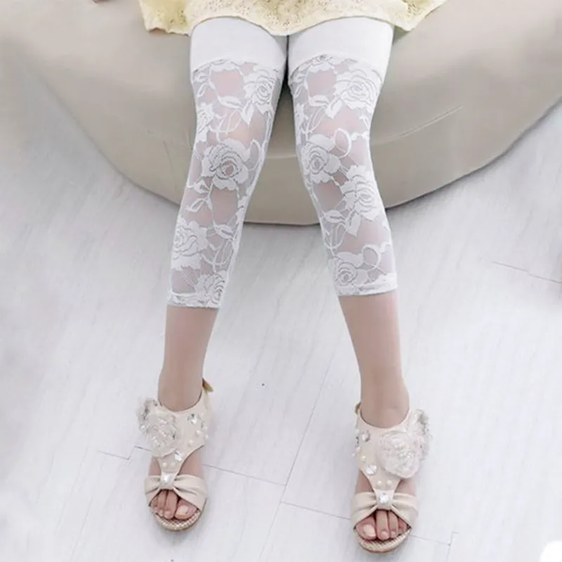 Kid Girl Floral Lace Design Solid Color Capri Leggings White big image 1