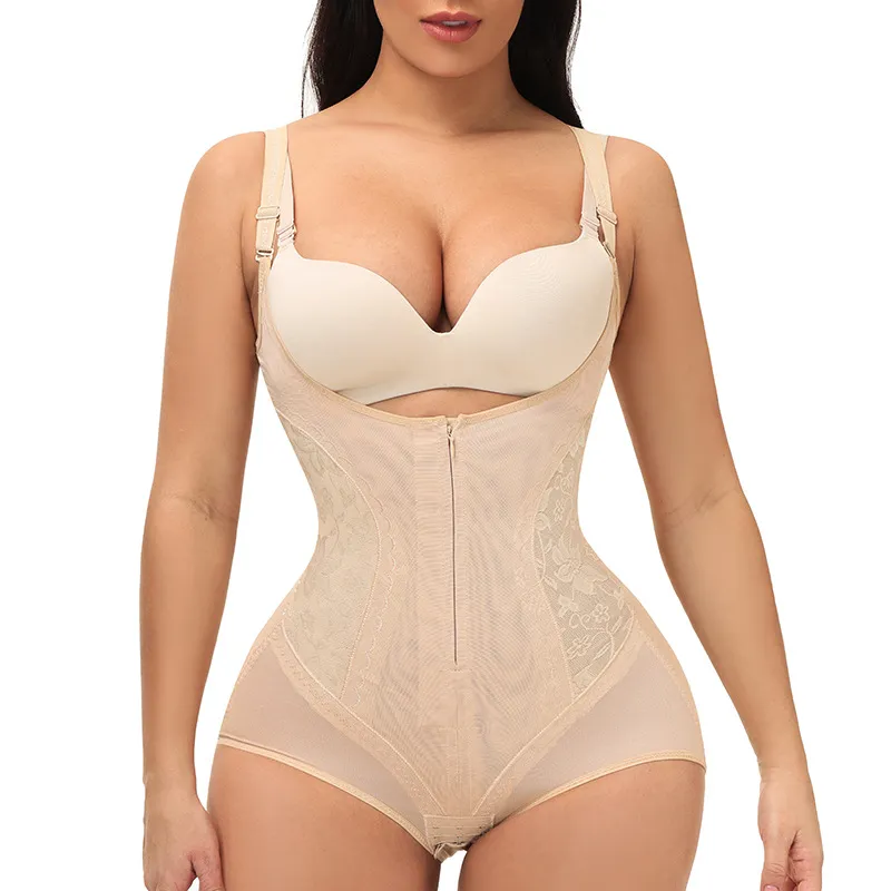 Women Mesh Panel Invisible Zipper Butt Lifter Tummy Control Shapewear Open Bust Bodysuit (Without chest pad) Apricot big image 1