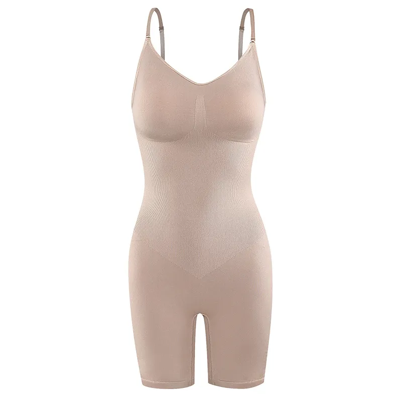 Women High-Rise Tummy Control Shapewear Seamless Bodysuit Butt Lifter Bodysuit Mid Thigh Body Shaper Shorts (Without Chest Pad)