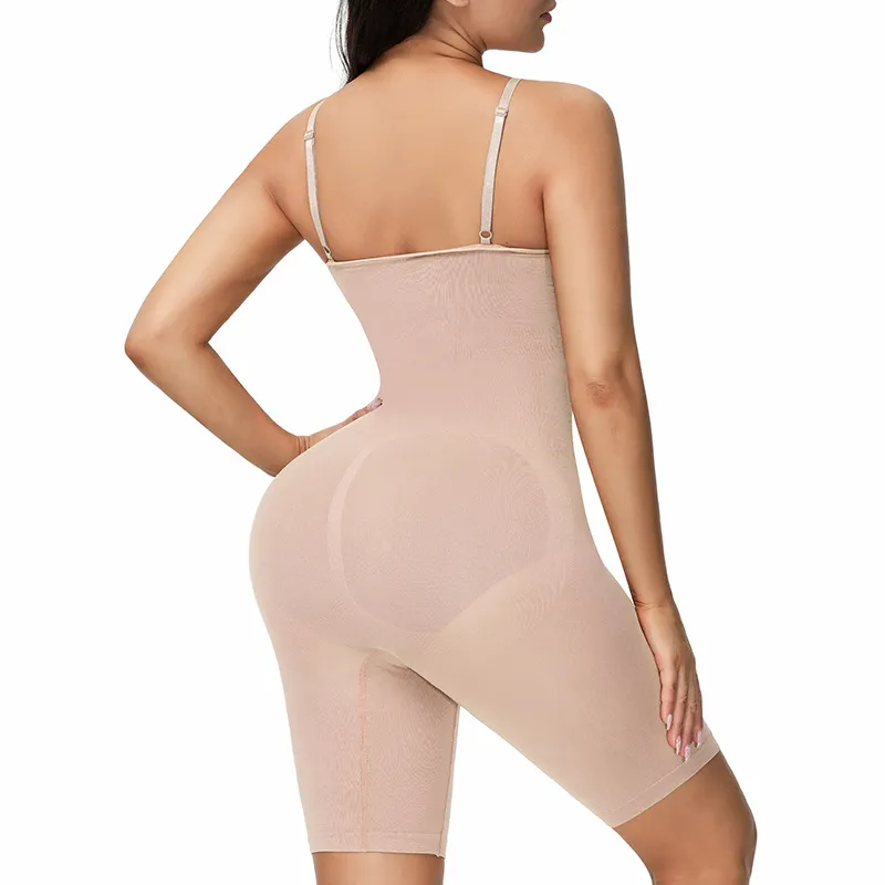Women High-Rise Tummy Control Shapewear Seamless Bodysuit Butt Lifter Bodysuit Mid Thigh Body Shaper Shorts (Without Chest Pad) Apricot big image 1