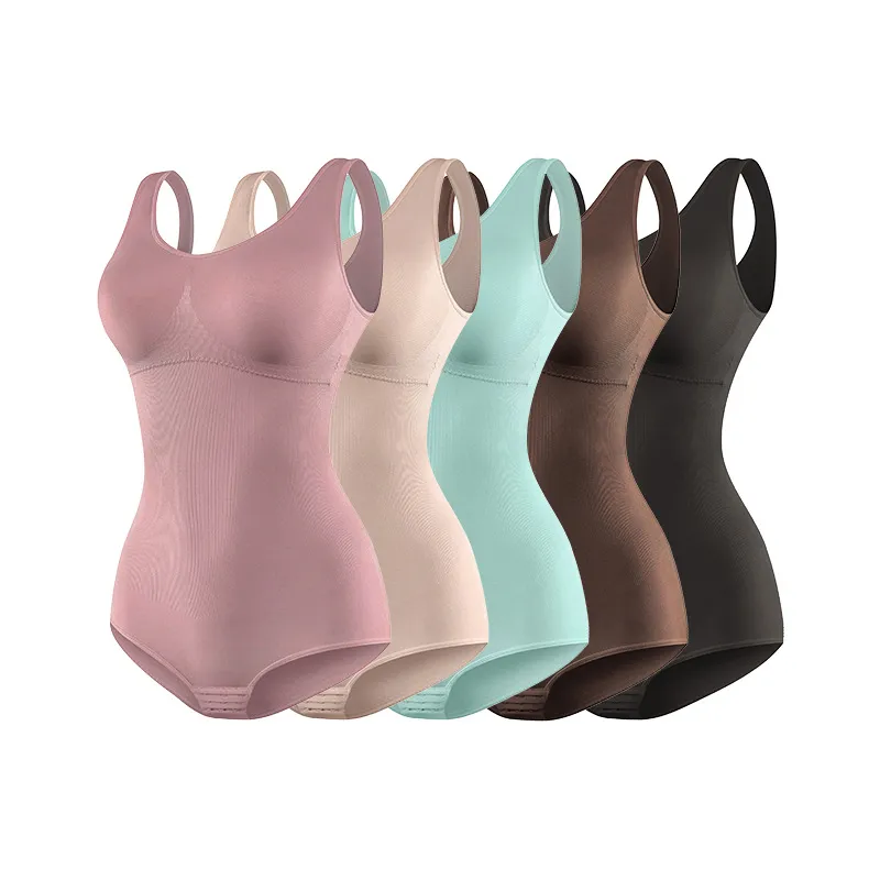 Frauen einfarbiger dehnbarer Tank-Body High-Rise Bauchkontrolle Shapewear nahtloser Body Po-Lifter (ohne Brustpolster) Aprikose big image 1