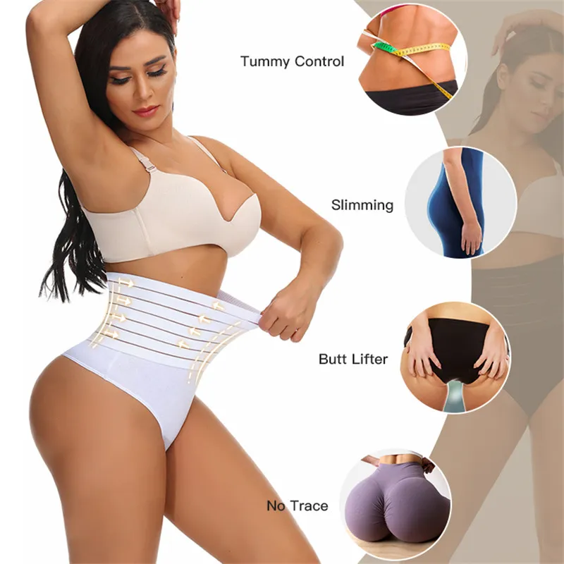 Tanga feminina modelador de bumbum listrado modelador de barriga mais fino cintura alta modelador de corpo roupa íntima Branco big image 1