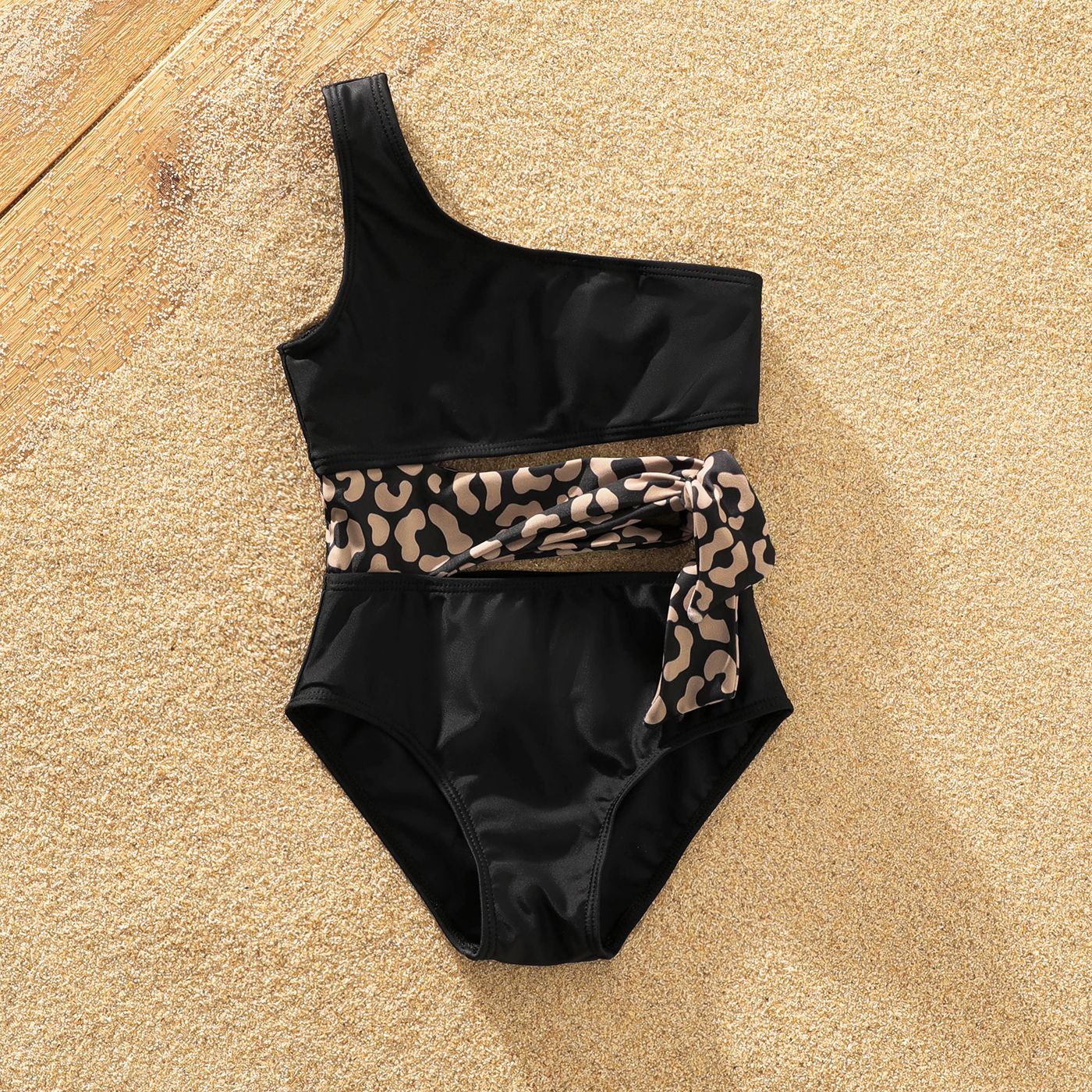 Family Matching Leopard Splice Black Swim Trunks Shorts And One Shoulder Self Tie One-Piece Swimsuit