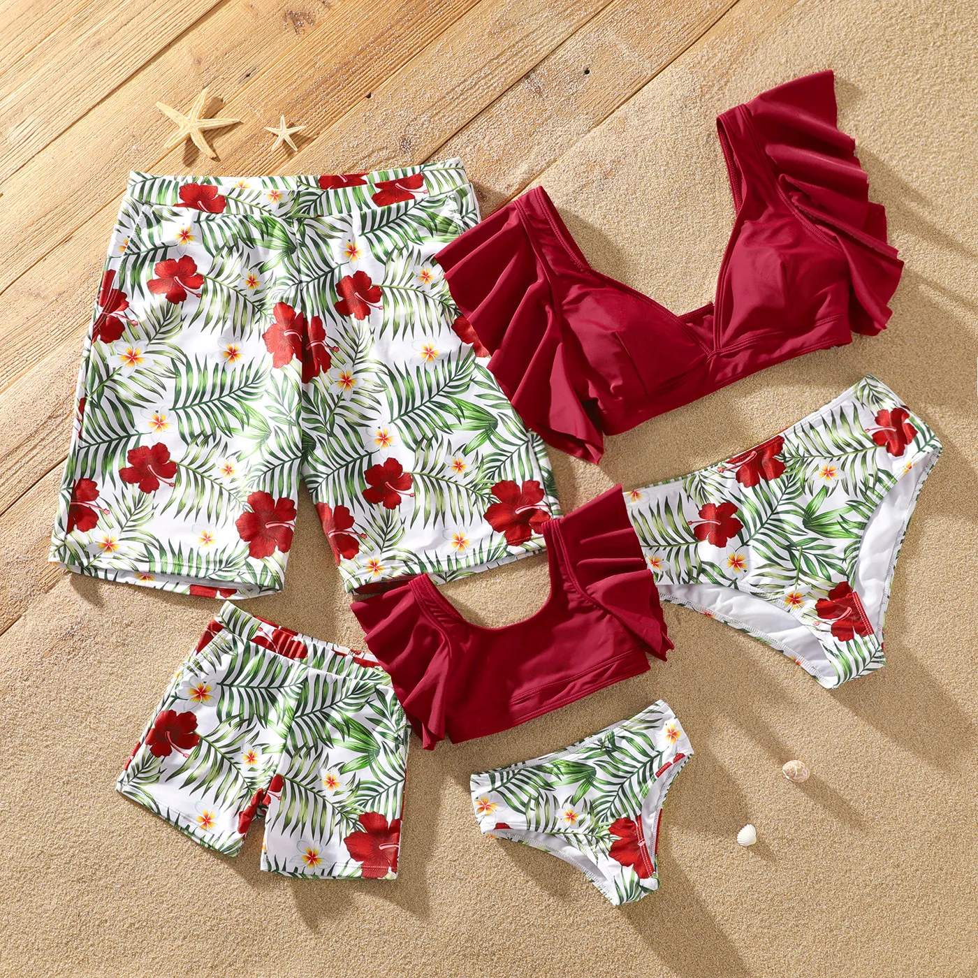 

Family Matching All Over Red Floral Print Two-Piece Swimsuit