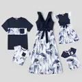 Family Matching Solid V Neck Ruffle Sleeveless Splicing Palm Leaf Print Dresses and Short-sleeve T-shirts Sets  image 2