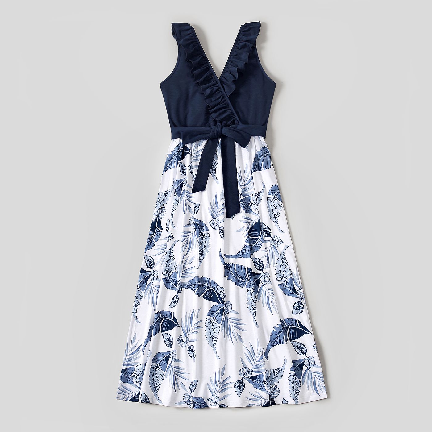 Family Matching Solid V Neck Ruffle Sleeveless Splicing Palm Leaf Print Dresses and Short-sleeve T-s