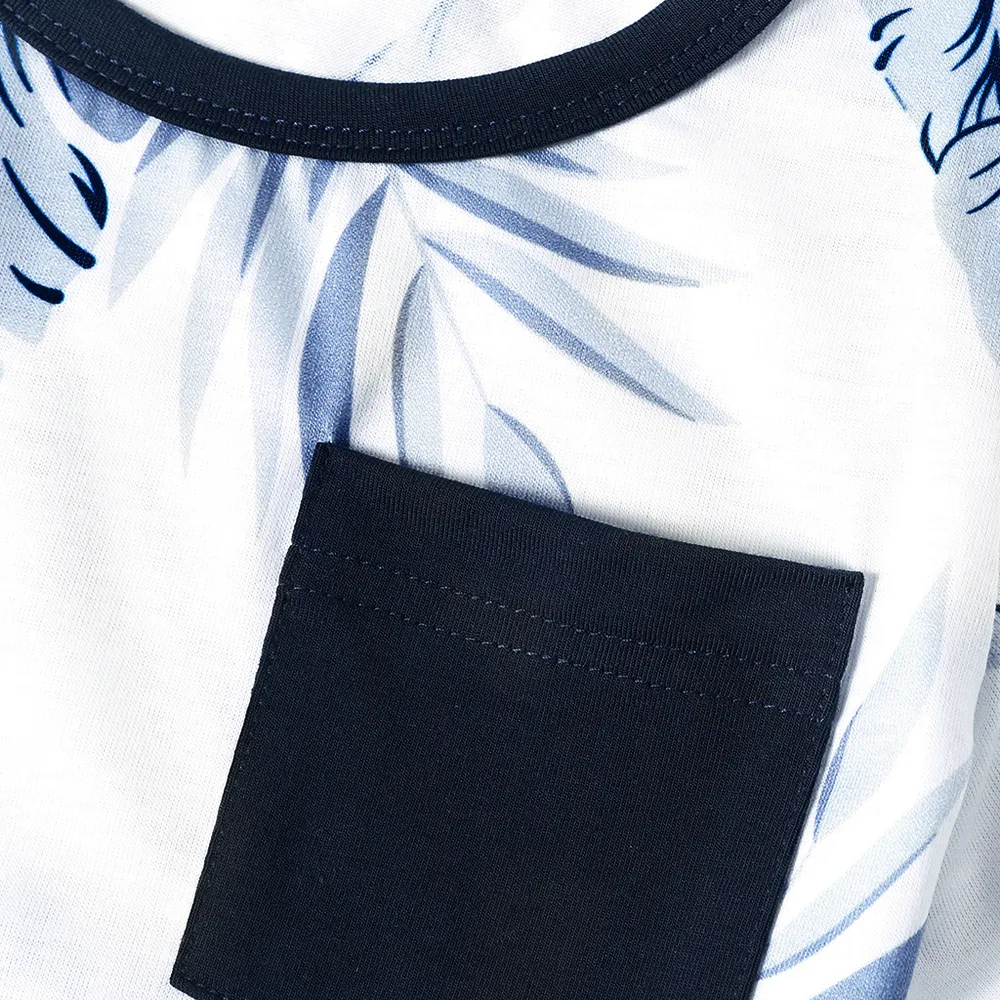 Family Matching Solid V Neck Ruffle Sleeveless Splicing Palm Leaf Print Dresses and Short-sleeve T-shirts Sets big image 7
