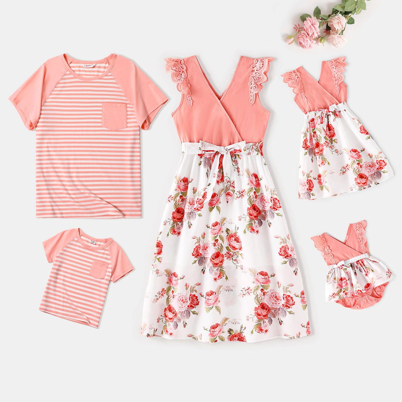 Image of Family Matching Pink V Neck Lace Flutter-sleeve Splicing Floral Print Dresses and Short Raglan-sleeve Striped T-shirts Sets