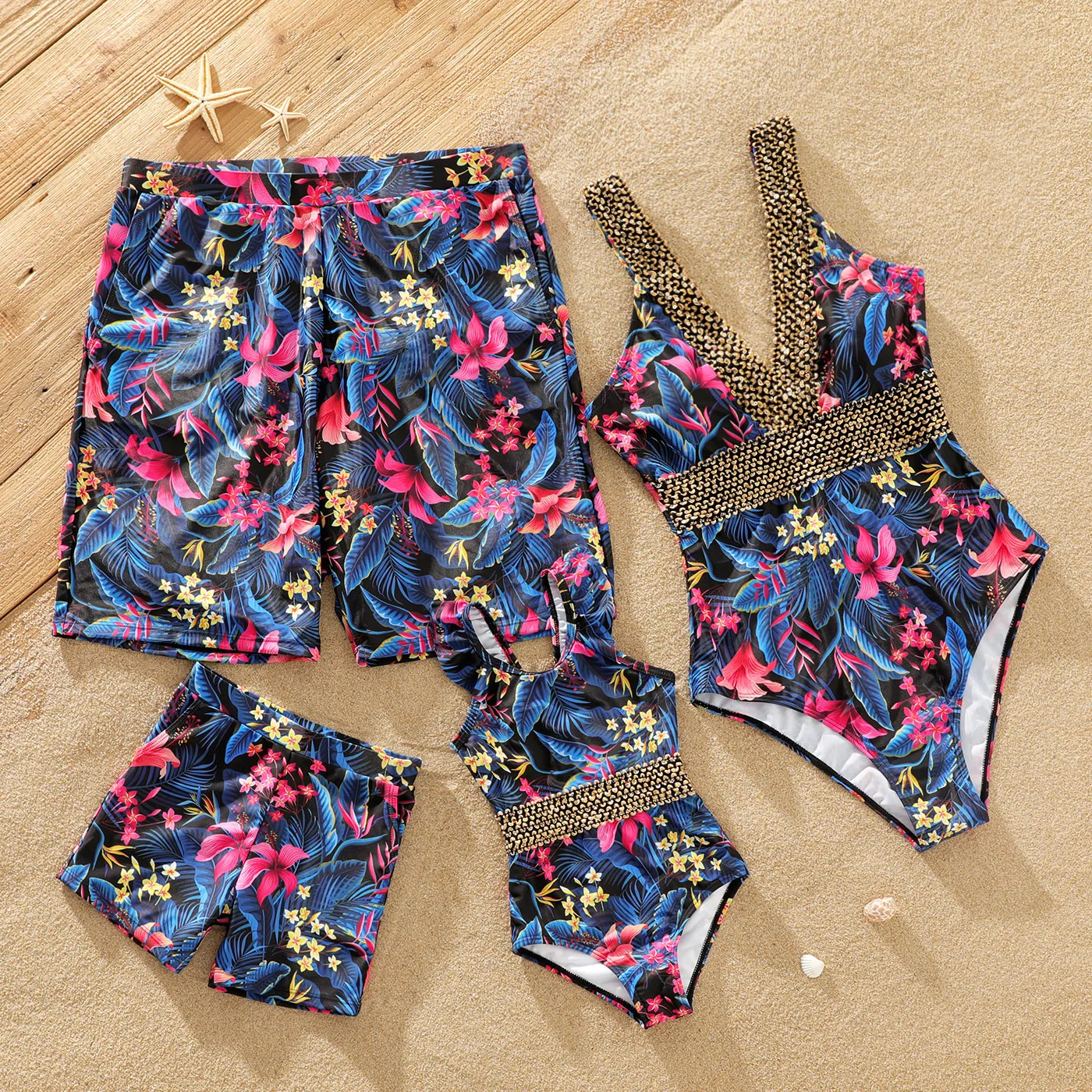 

Family Matching All Over Floral Print Swim Trunks Shorts and Golden Webbing Sleeveless One-Piece Swimsuit