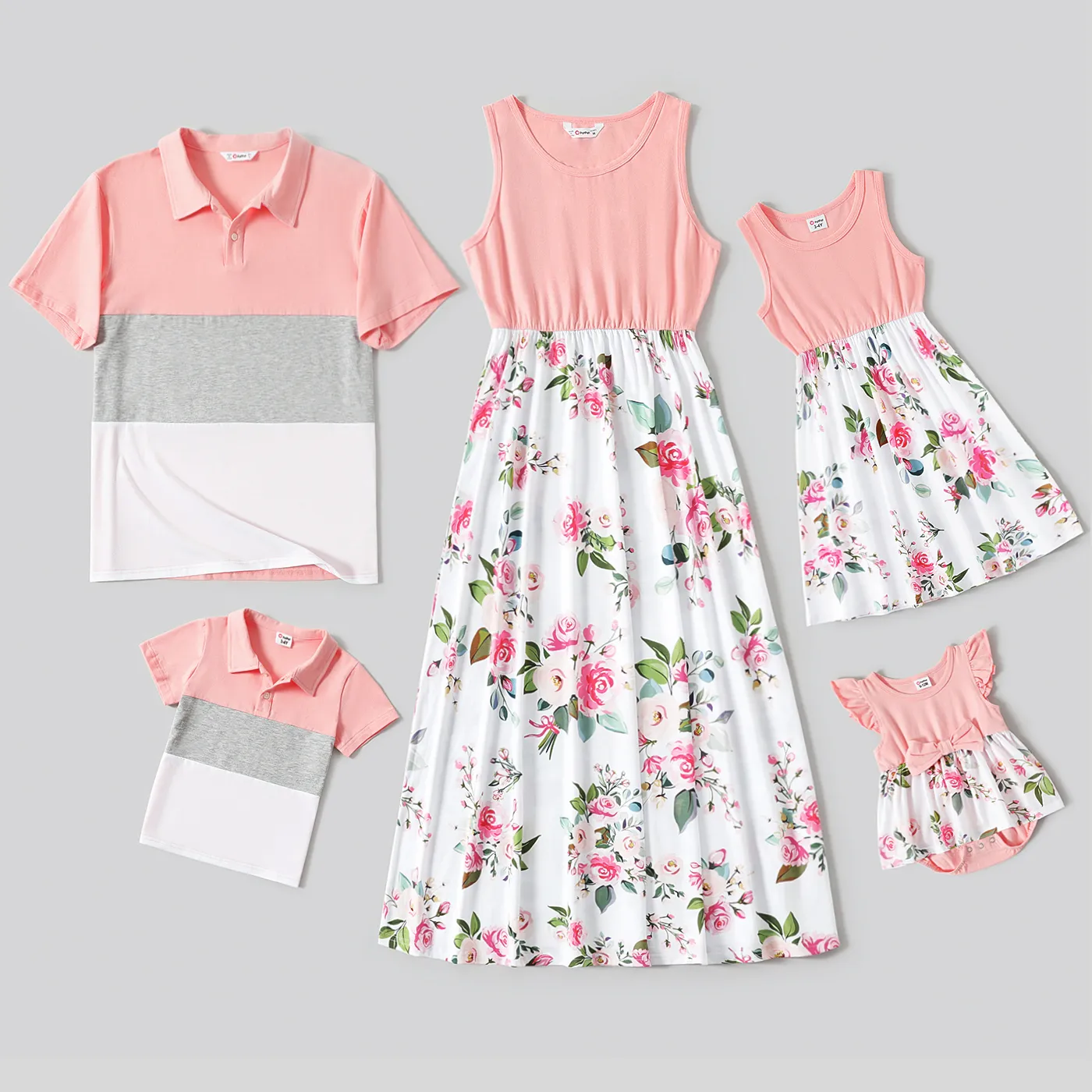 Family Matching Pink Sleeveless Splicing Floral Print Midi Dresses and Colorblock Short-sleeve Polo Shirts Sets Pink image 2