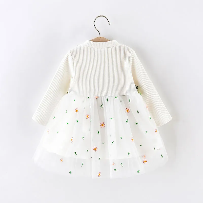 Baby Girl White Ribbed Long-sleeve Splicing Floral Embroidered Mesh ...