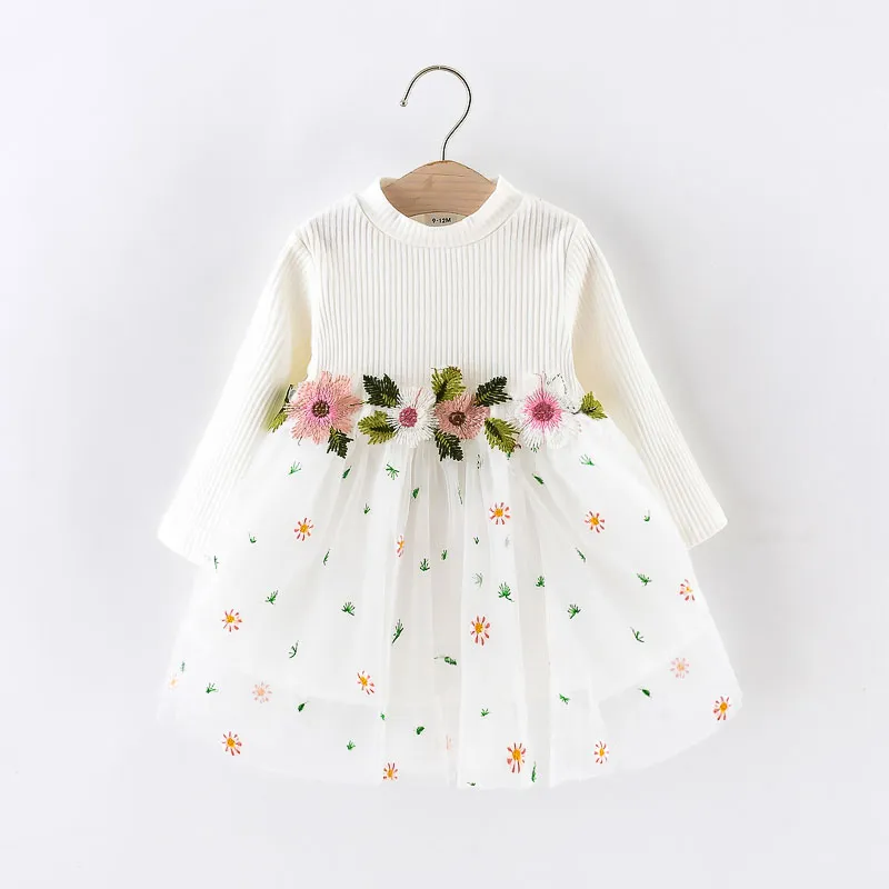 Baby Girl White Ribbed Long-sleeve Splicing Floral Embroidered Mesh Fairy Dress