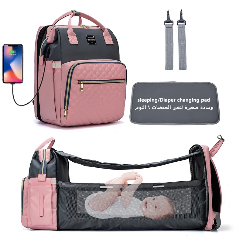 Baby Bag Backpack Diapers Changing Pad Portable Baby Bag Foldable Baby Bed Travel Bag With USB