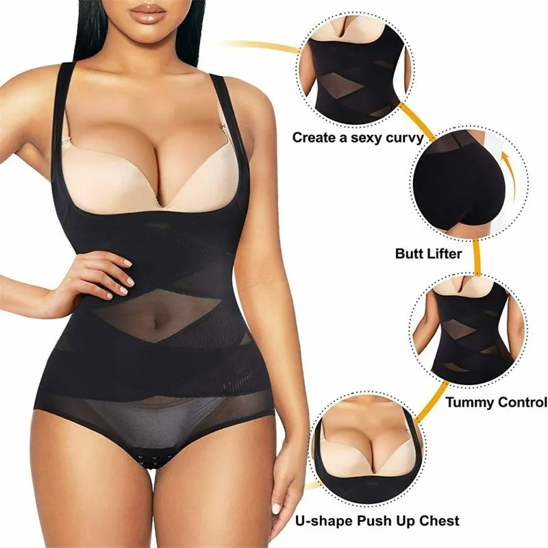 女士臀部提升連體緊身衣腰部訓練器塑身衣腹部控制身體塑形器開胸緊身衣 黑色 big image 1