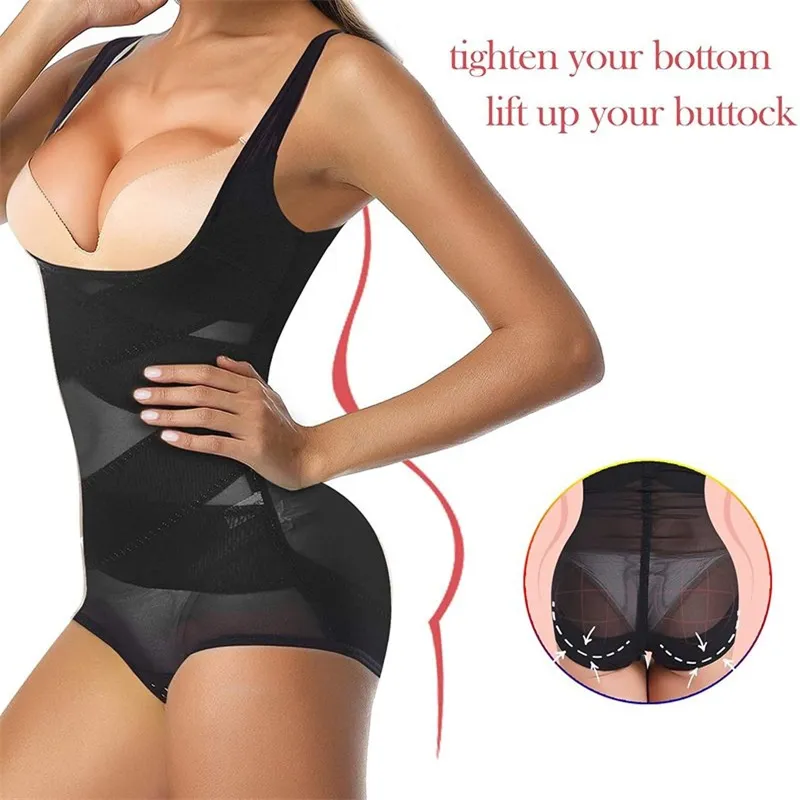 Women Butt Lifter Bodysuit Waist Trainer Shapewear Tummy Control Body Shaper Open Bust Bodysuits Black image 3