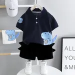 2pcs Toddler Boy Casual Dinosaur Print Polo Shirt & Spike Design Shorts Set Dark Blue