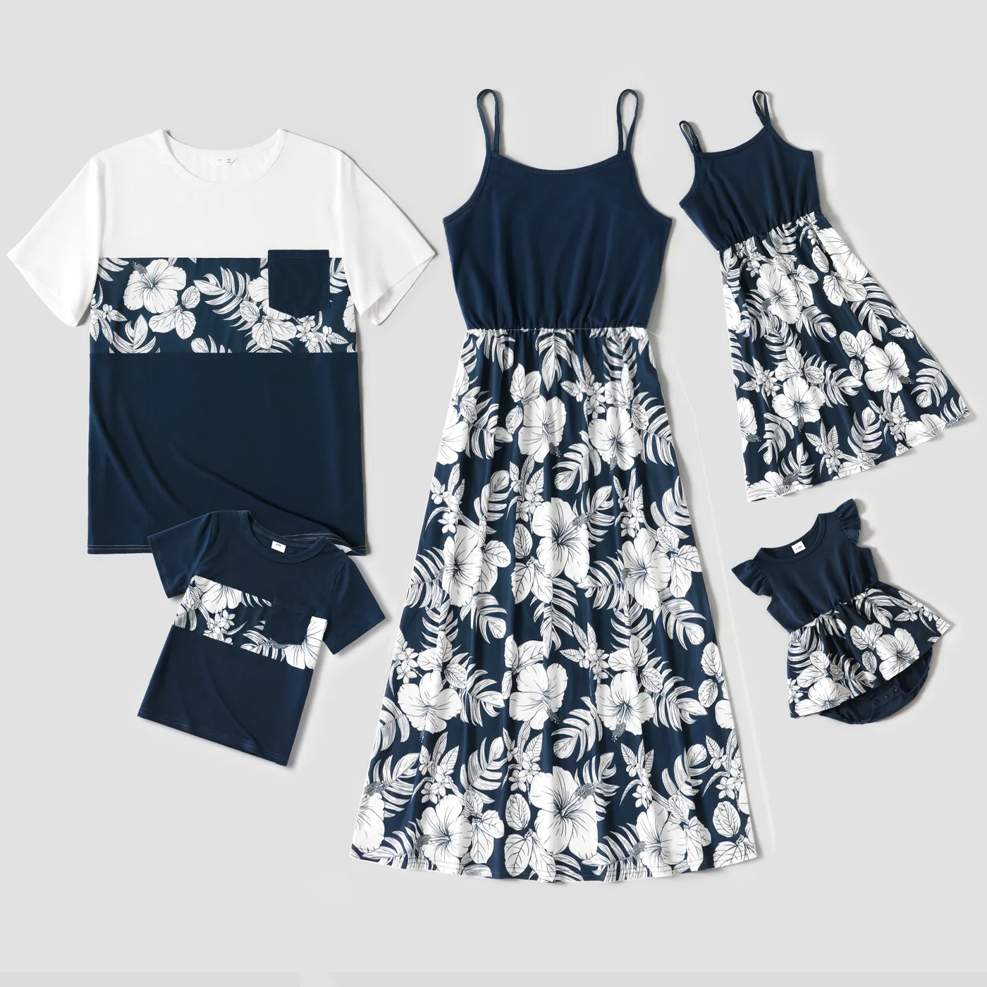 

Family Matching Dark Blue Spaghetti Strap Splicing Floral Print Dresses and Colorblock Short-sleeve T-shirts Sets