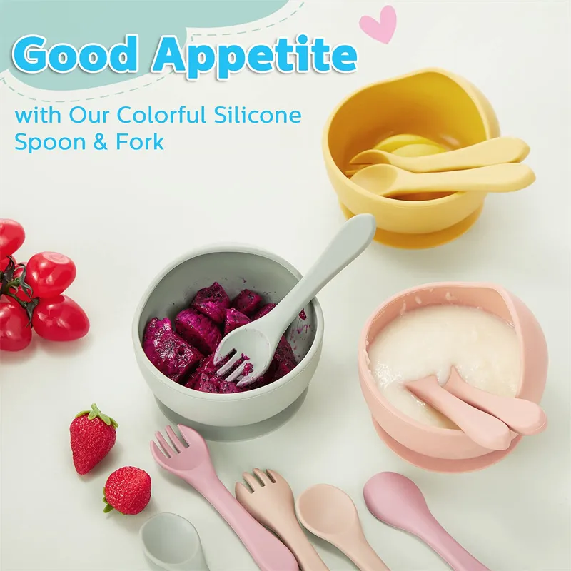 Cuillère à auto-alimentation en silicone de qualité alimentaire, fourchette, ustensiles pour bébés et tout-petits Rose Clair big image 1