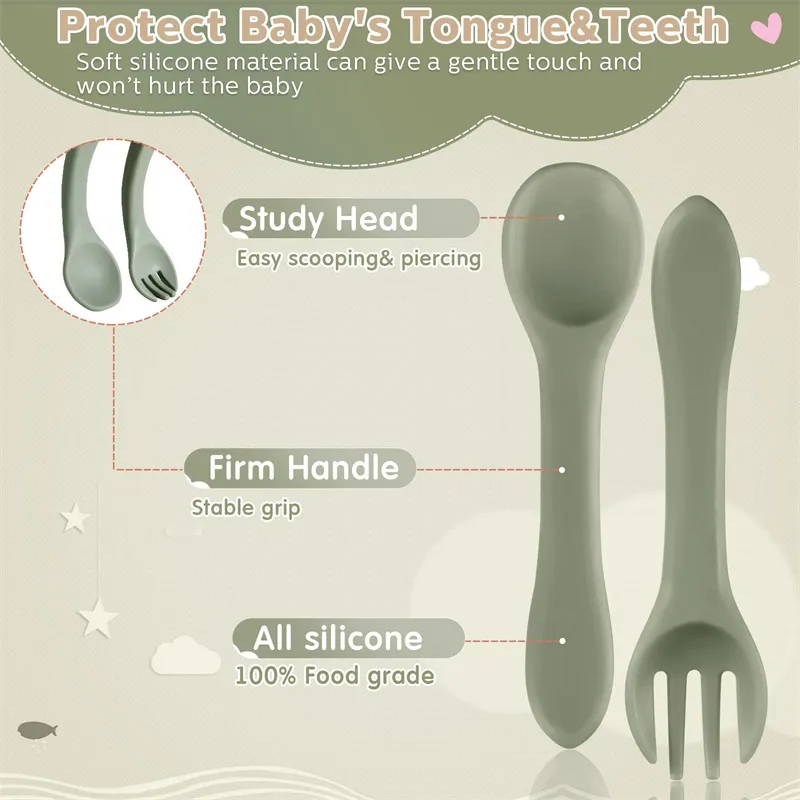 Cuillère à auto-alimentation en silicone de qualité alimentaire, fourchette, ustensiles pour bébés et tout-petits Armée Verte big image 1
