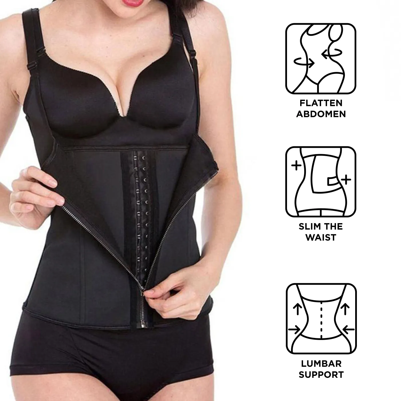 Zip-style Women's Body-contracting Court Corset, Neoprene 3-layer Appliqué Wicking Vest and Shapewear Black big image 1