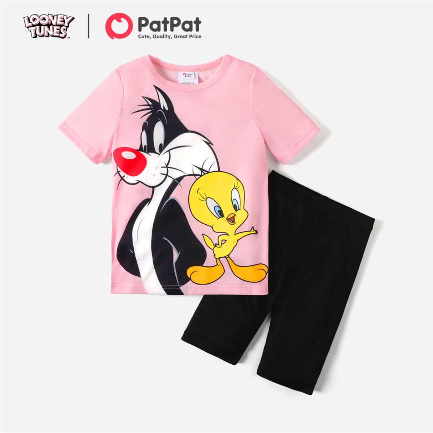 

Looney Tunes 2pcs Kid Girl Animal Print Short-sleeve Pink Tee and Black Shorts Set